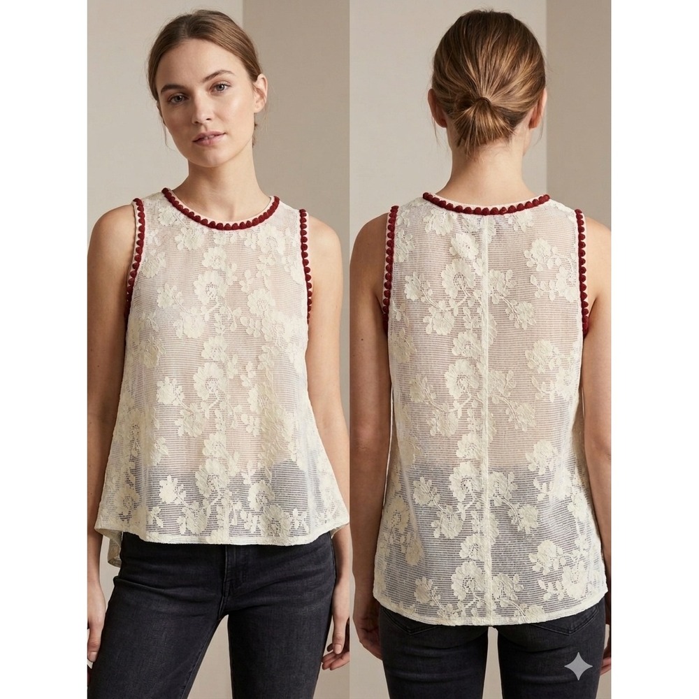 The Greii Los Angeles Floral Lace Pom Pom Trim‎ Sleeveless Top Ivory Burgundy M